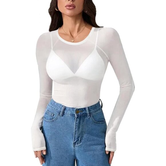 🆕Women's White Floral Mesh Top Crew Neck Long Sleeve Sheer Polyester Sexy Tee - Picture 1 of 5